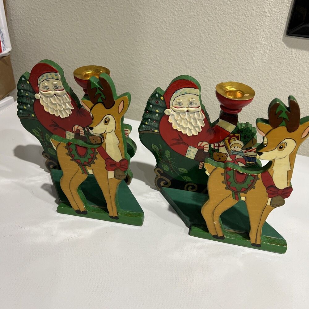 VTG Santa Sleigh Reindeer Painted Wood Candle Holder Decor PAIR